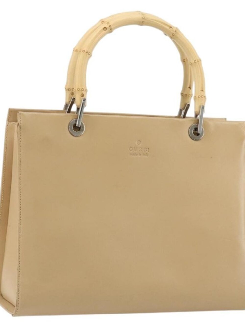 GUCCI Bamboo Hand Bag Leather Beige Silver 002 1016 Auth 175328